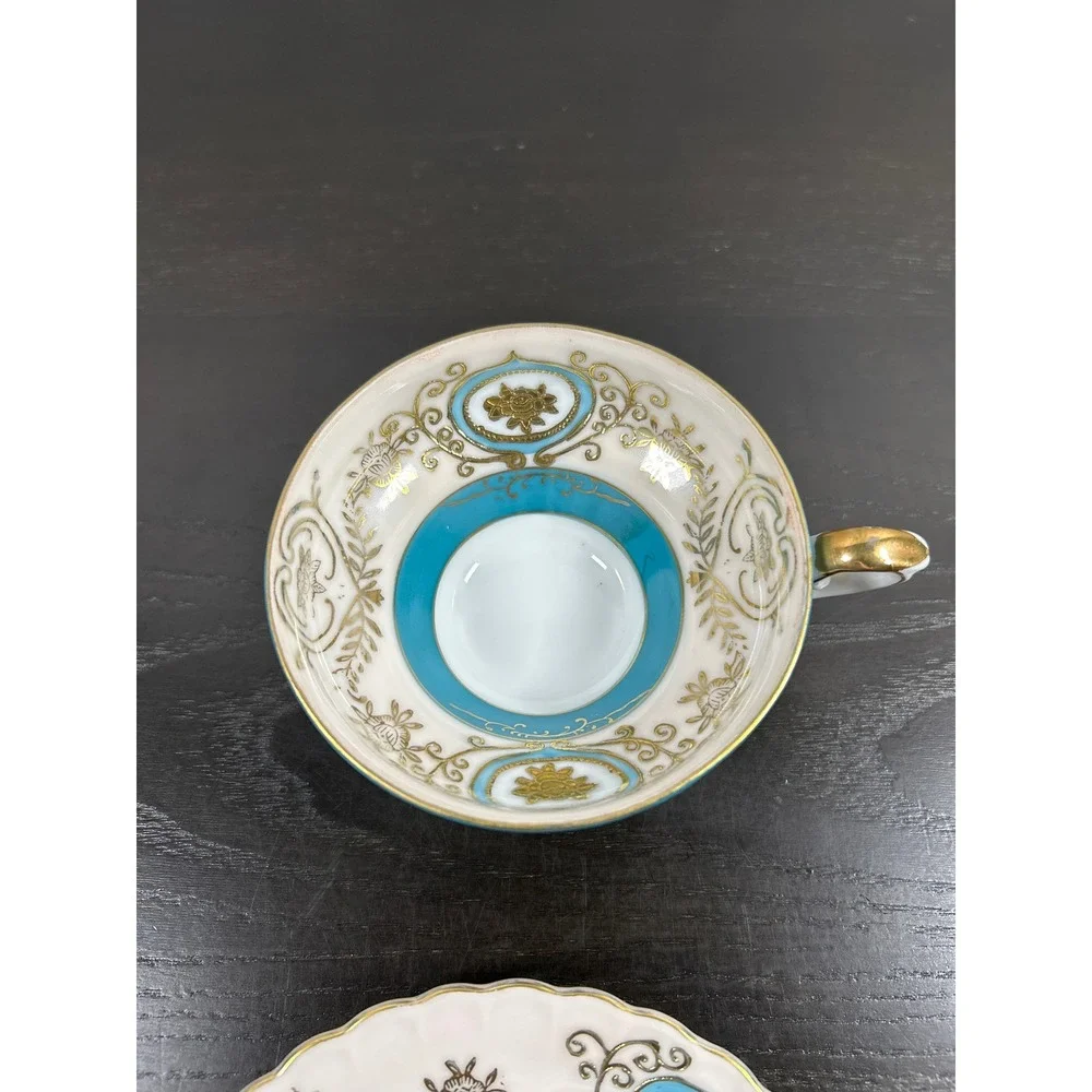 Vintage Ucagco China Teacup Saucer Set Turquoise Gold Gilt Hand Painted Japan